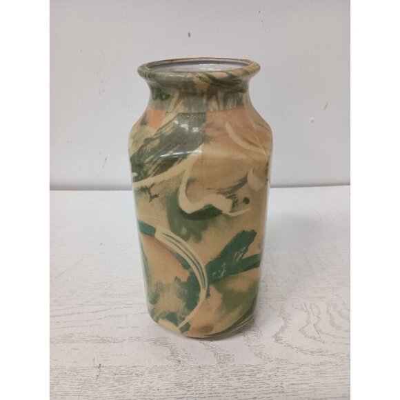 Vintage 60s Studio Art Pottery Bottle Vase Green Yellow Glazed Artisan MCM - Picture 7 of 10